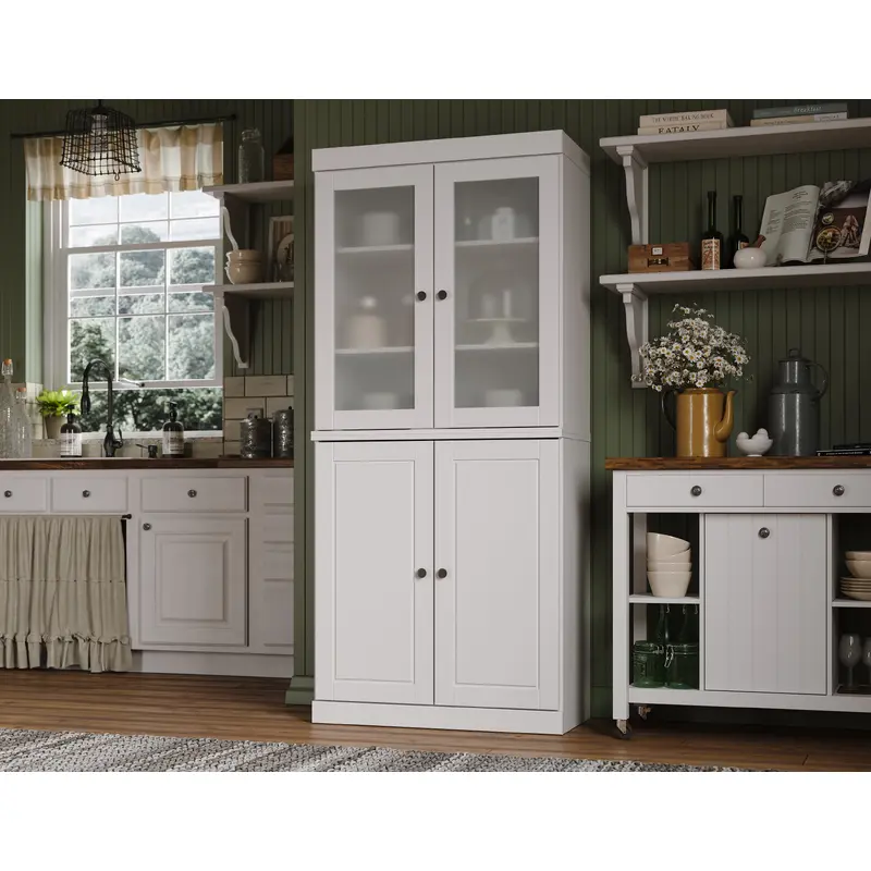 100% Solid Wood 32" Pantry Cabinet, Frosted Glass & Wood Doors