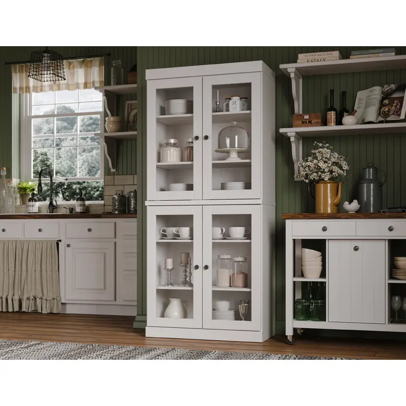 100% Solid Wood 32" Pantry Cabinet, Glass Doors