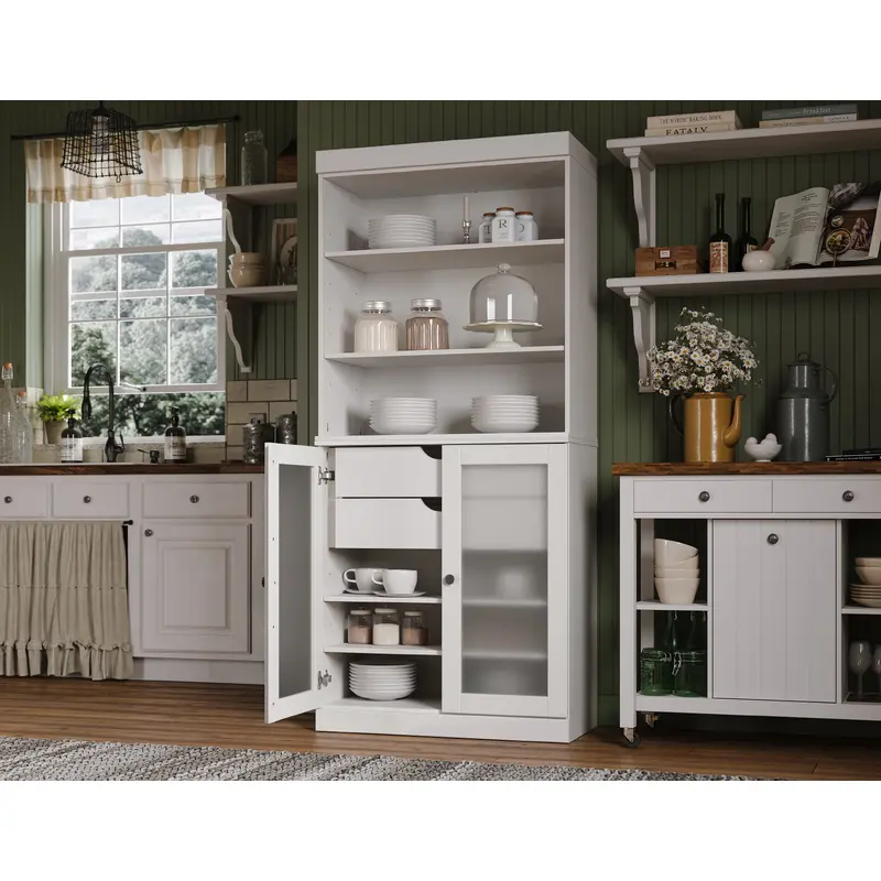 100% Solid Wood 32" Pantry Cabinet with Frosted Glass Doors, 2-Drawer Organizer