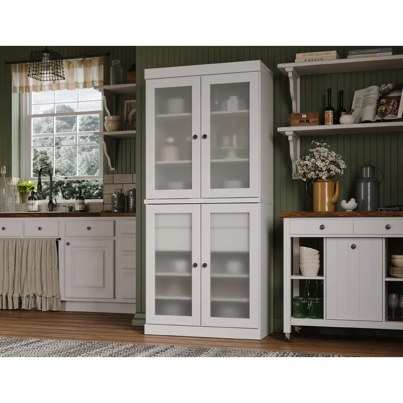 100% Solid Wood 32" Pantry Cabinet with Frosted Glass Doors and 2 Drawers