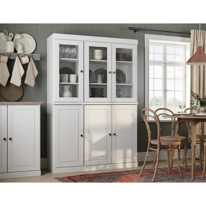 100% Solid Wood 48.5" China Pantry Cabinet, 3 Glass Doors, 3 Raised Panel Wood Doors