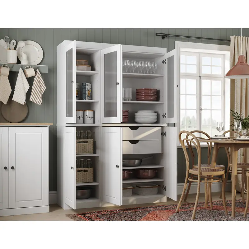 100% Solid Wood 48.5" Pantry Cabinet, Frosted Glass Doors, 2-Drawers