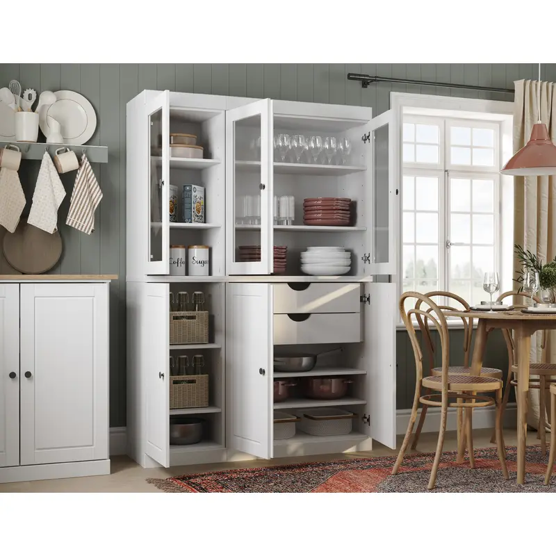 100% Solid Wood 48.5" Pantry China Cabinet, 3 Glass Doors, 3 Raised Panel Wood Doors, 2-Drawers