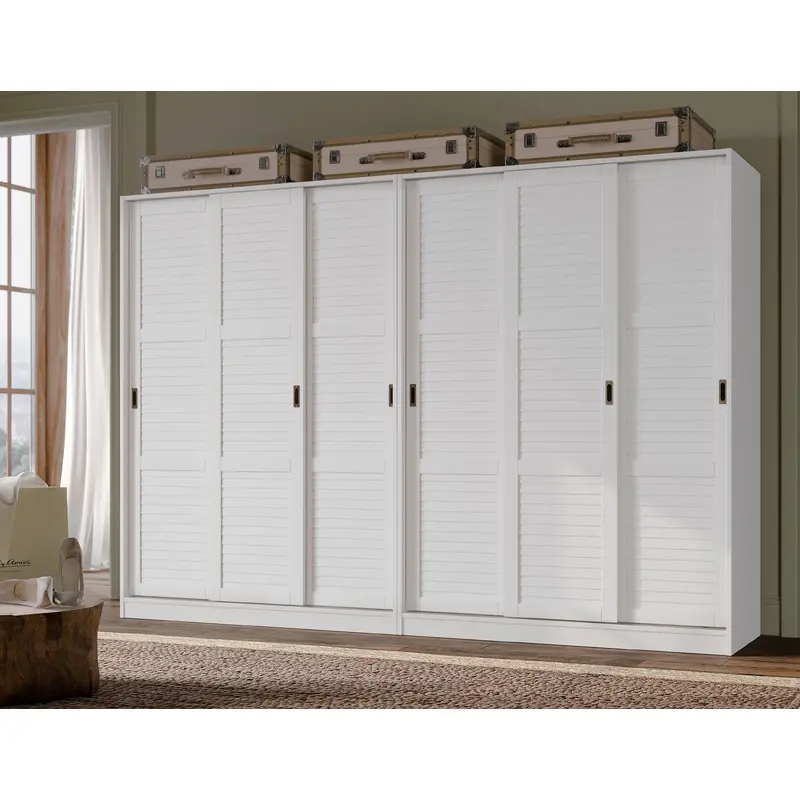100% Solid Wood 6-Closed Louvered Sliding Door Wardrobe Armoire