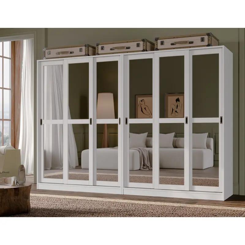 100% Solid Wood 6-Mirrored Sliding Door Wardrobe Armoire