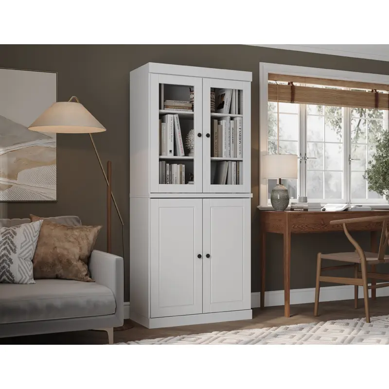 100% Solid Wood 6-Shelf 32" Bookcase, 2 Glass Doors, 2 Raised Panel Doors, Adjustable Shelves