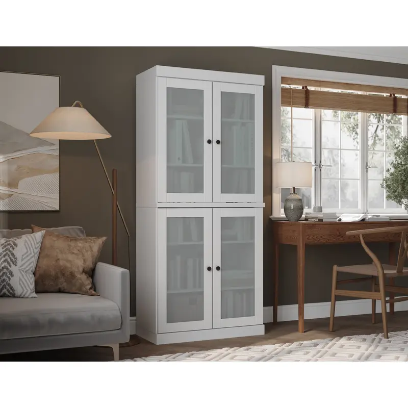 100% Solid Wood 6-Shelf 32" Modular Bookcase, 4 Frosted Glass Doors, Adjustable Shelves