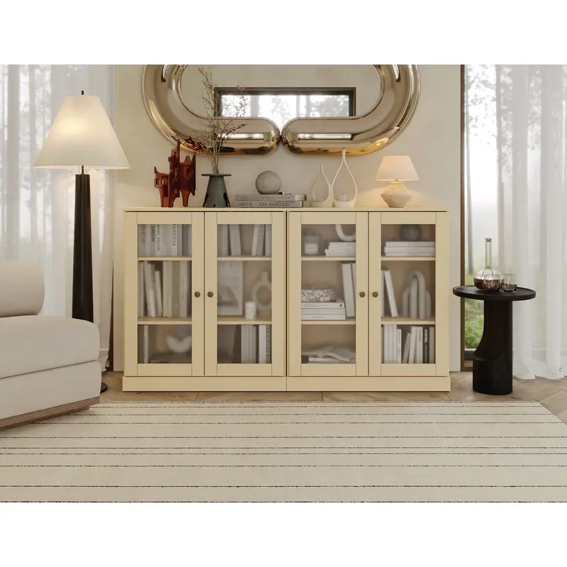 100% Solid Wood 64" Sideboard Cabinet with Frosted Glass Doors, Adjustable Shelves