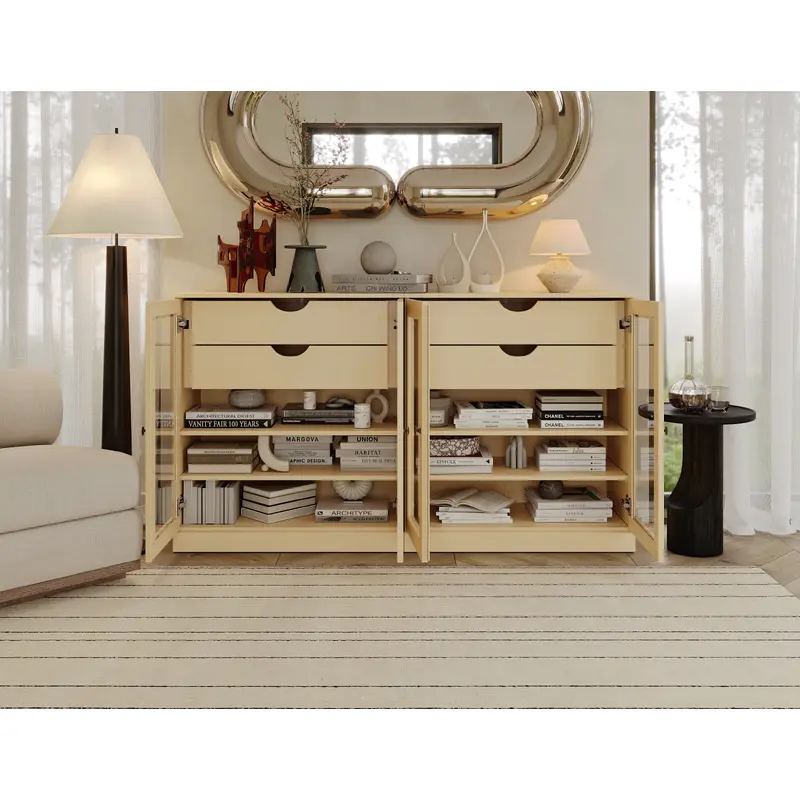 100% Solid Wood 64" Sideboard with Clear Glass Doors and 4 Drawers, Adjustable Shelves