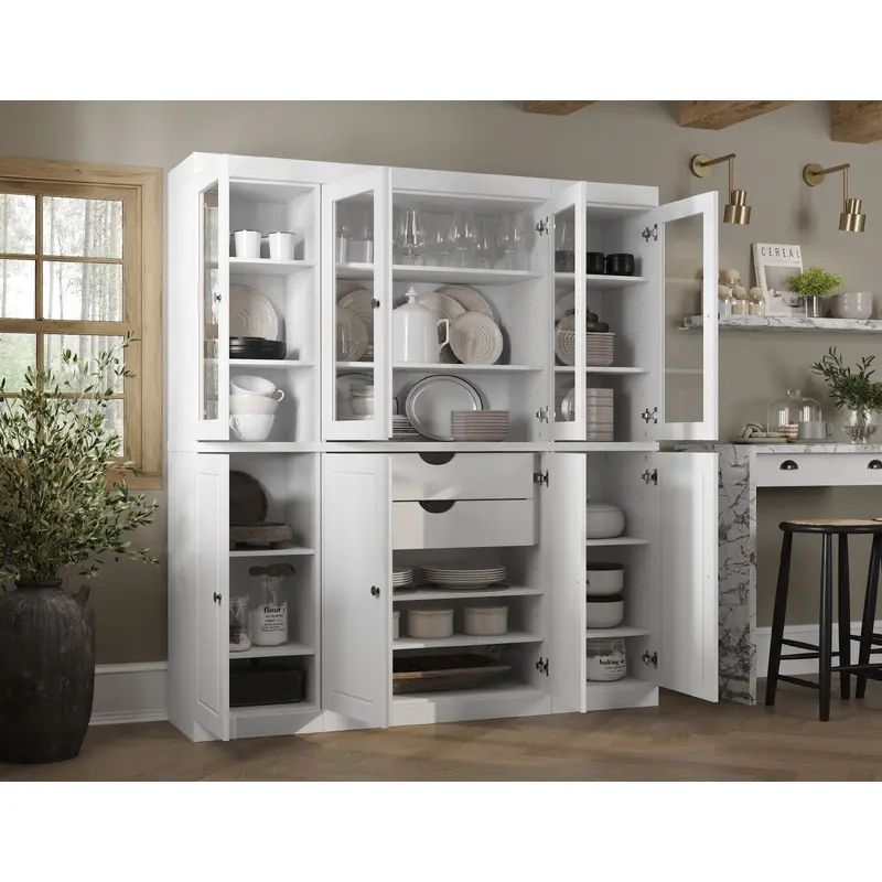 100% Solid Wood 65" China Pantry Cabinet, 4 Glass, 4 Raised Panel Wood Doors, 2-Drawers