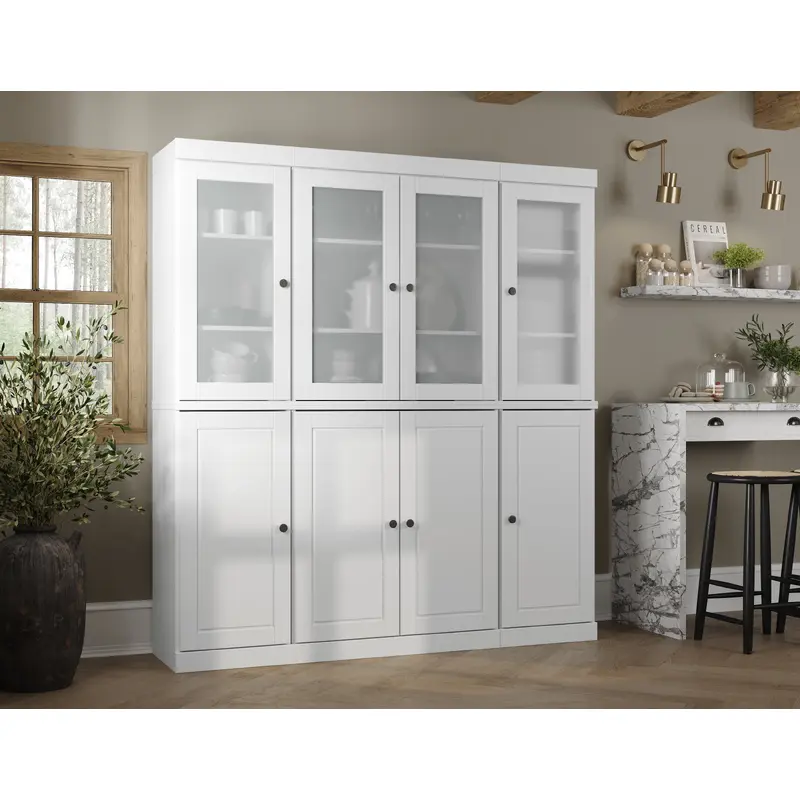 100% Solid Wood 65" Pantry Cabinet, 4 Frosted Glass, 4 Raised Panel Wood Doors