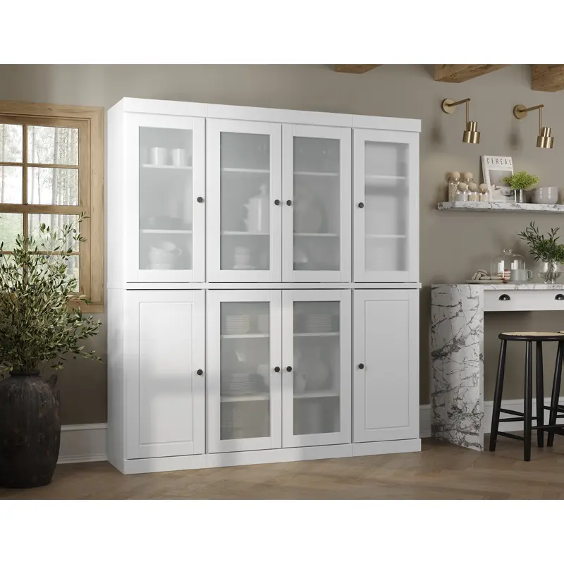 100% Solid Wood 65" Pantry Cabinet, 6 Frosted Glass, 2 Raised Panel Wood Doors