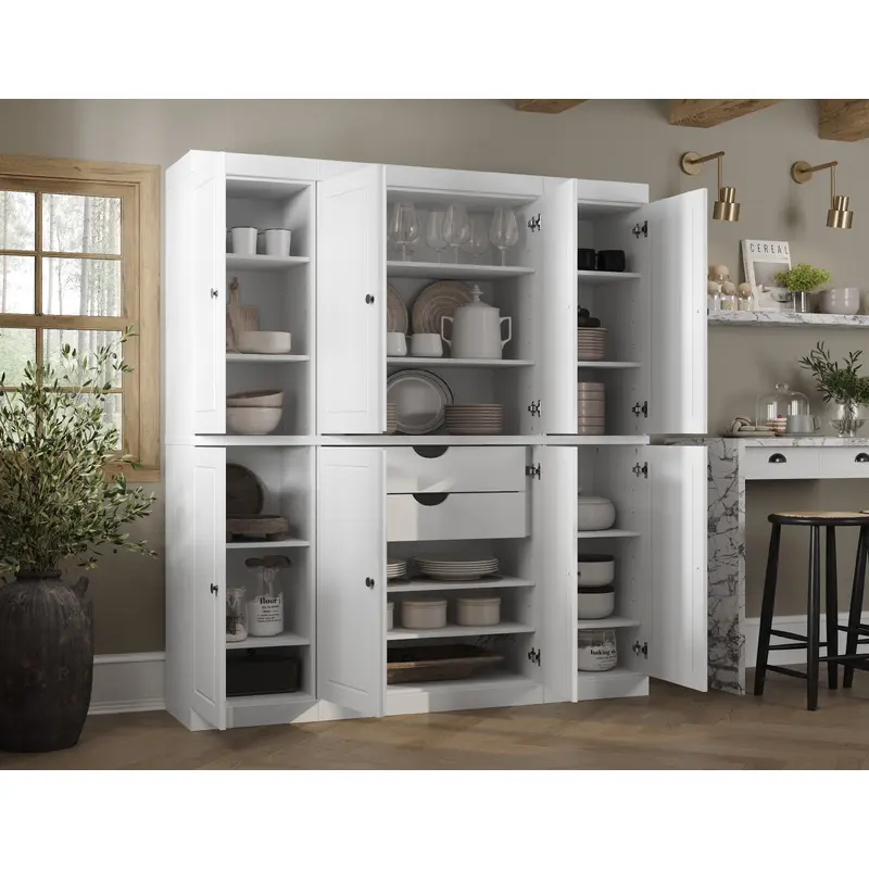 100% Solid Wood 65" Pantry Cabinet, 8 Raised Panel Wood Doors, 2-Drawers