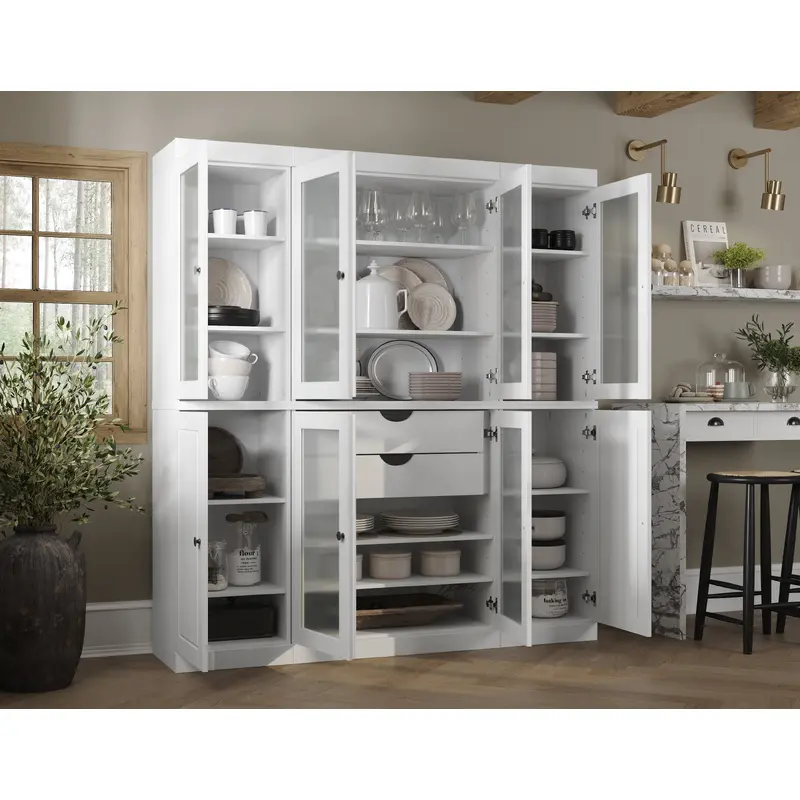 100% Solid Wood 65" Pantry Cabinet, Frosted Glass, Raised Panel Wood Doors, 2-Drawers