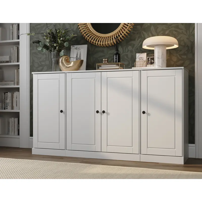 100% Solid Wood 65" Sideboard Cabinet, 4 Raised Panel Wood Doors, Adjustable Shelves