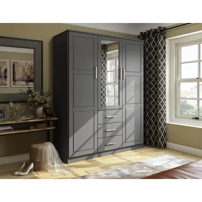 100% Solid Wood Cosmo 3-Door Wardrobe Armoire with Mirrored, Solid Wood Doors