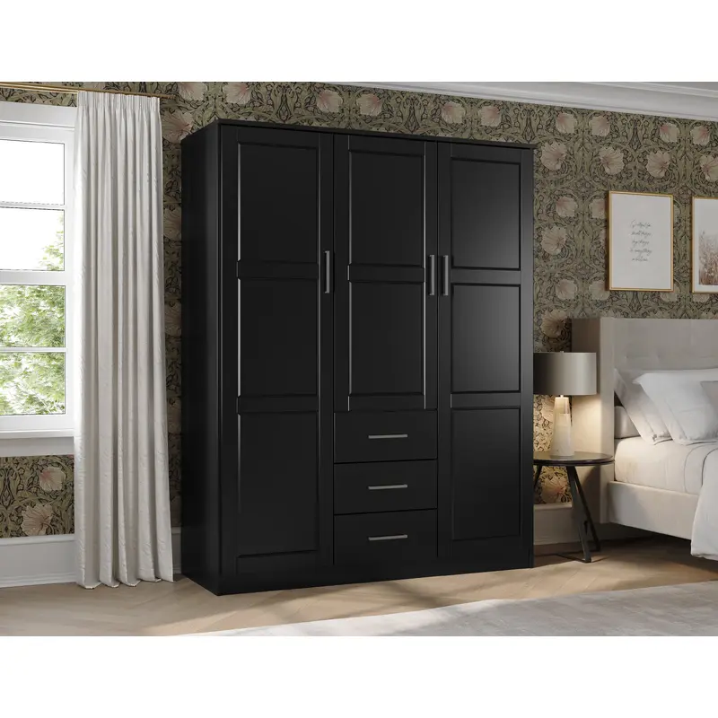 100% Solid Wood Cosmo 3-Door Wardrobe Armoire with Solid Wood Doors