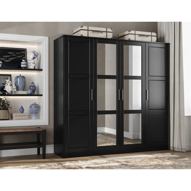100% Solid Wood Cosmo 4-Door Wardrobe Armoire With Mirrored Doors