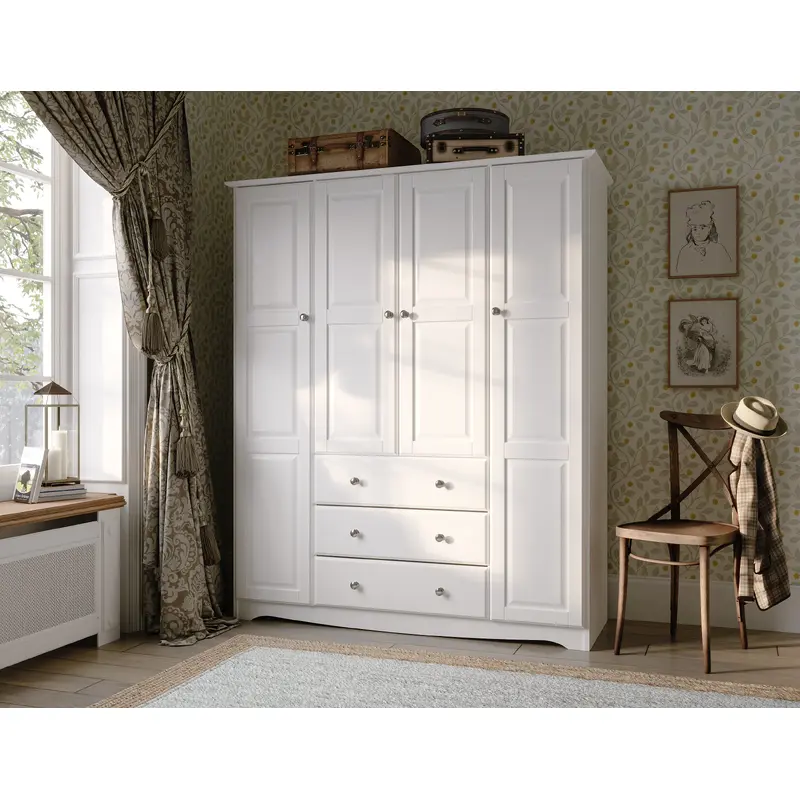 100% Solid Wood Family Wardrobe Armoire with Solid Wood Doors, Metal Knobs