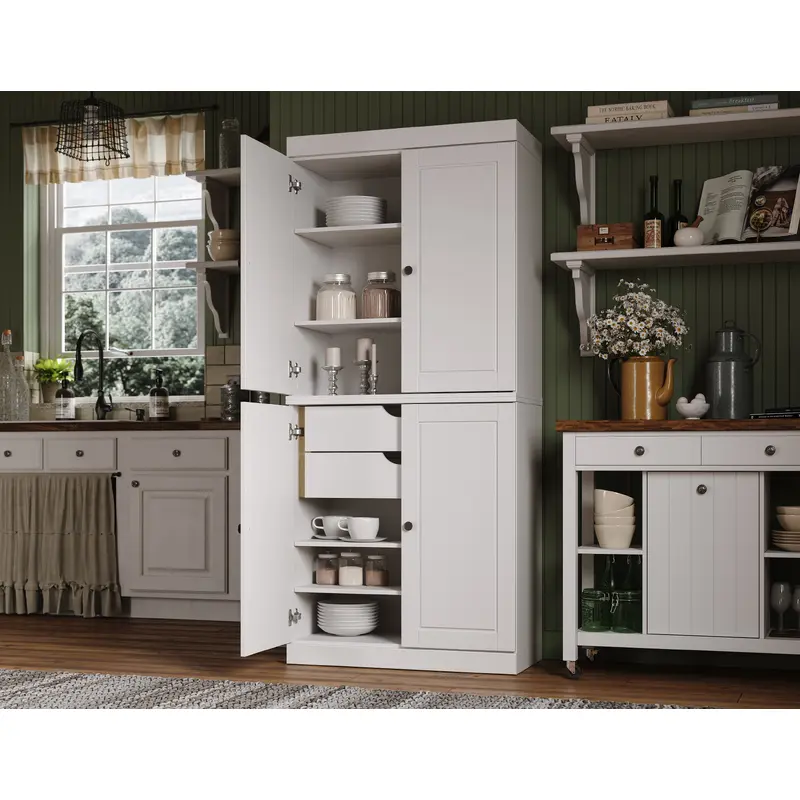 100% Solid Wood Kitchen 32" Pantry Cabinet, 4 Raised Panel Doors, 2-Drawers