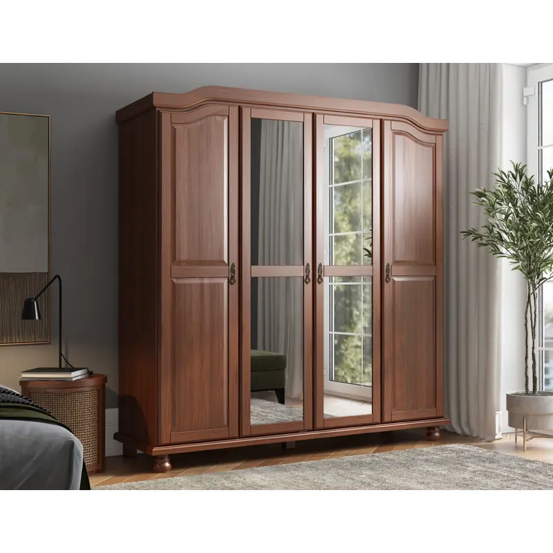 100% Solid Wood Kyle 4-Door Wardrobe Armoire with Mirrored, Solid Wood Doors
