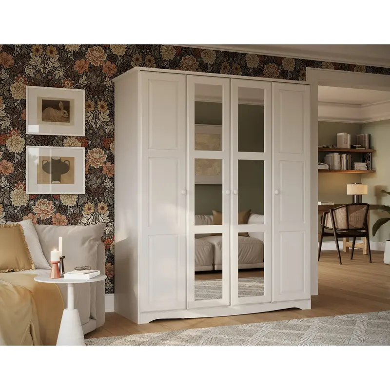 100% Solid Wood Regal Wardrobe Armoire with Mirrored and Solid Wood Doors