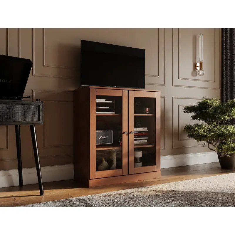 100% Solid Wood TV Stand for TVs up to 32" with Clear Glass Doors, Adjustable Shelves