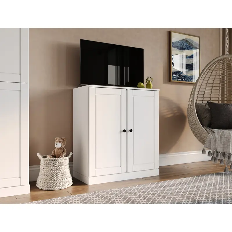 100% Solid Wood TV Stand for TVs up to 32" with Raised Panel Wood Doors, Adjustable Shelves