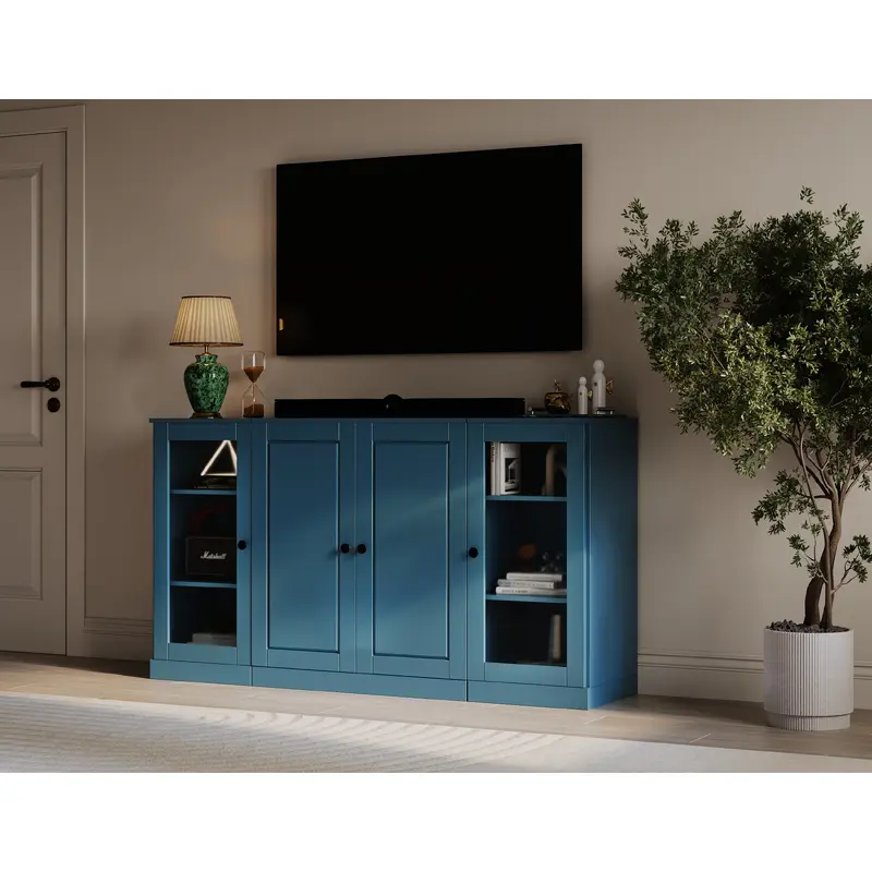 100% Solid Wood TV Stand for TVs up to 65", Raised Panel Wood, Clear Glass Doors, Adjustable Shelves