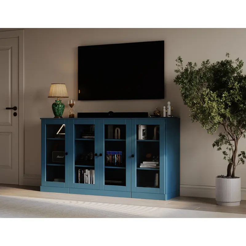 100% Solid Wood TV Stand for TVs up to 65" with Clear Glass Doors, Adjustable Shelves