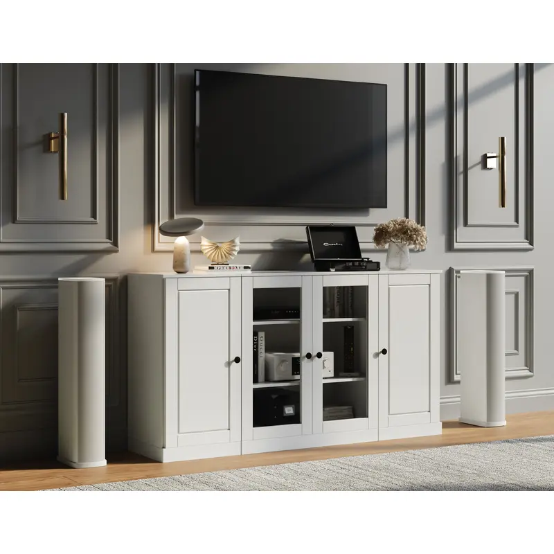 100% Solid Wood TV Stand for TVs up to 65" with Clear Glass, Raised Panel Doors, Adjustable Shelves