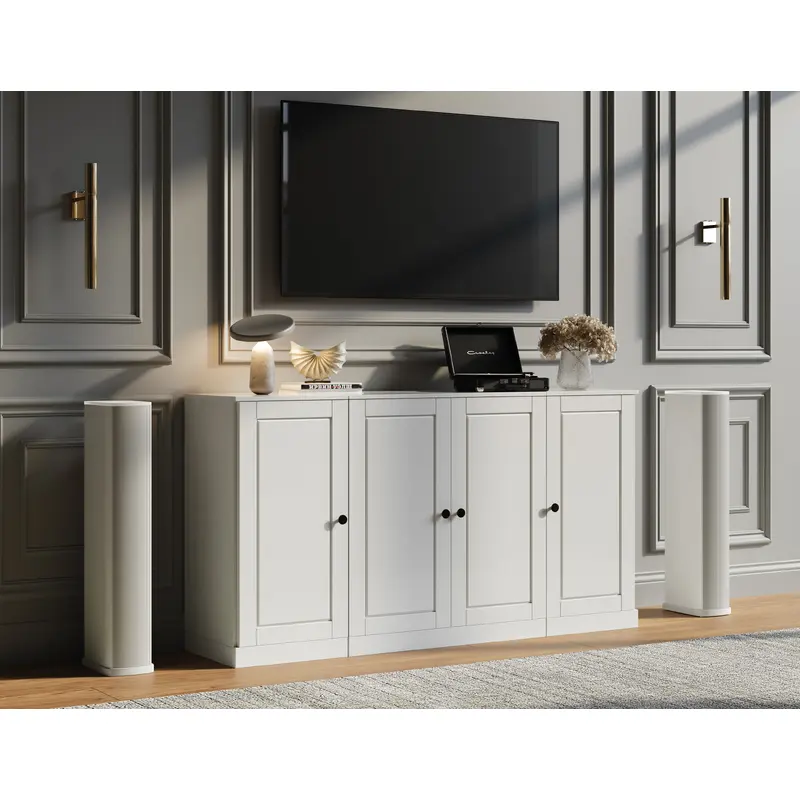 100% Solid Wood TV Stand for TVs up to 65" with Raised Panel Wood Doors, Adjustable Shelves