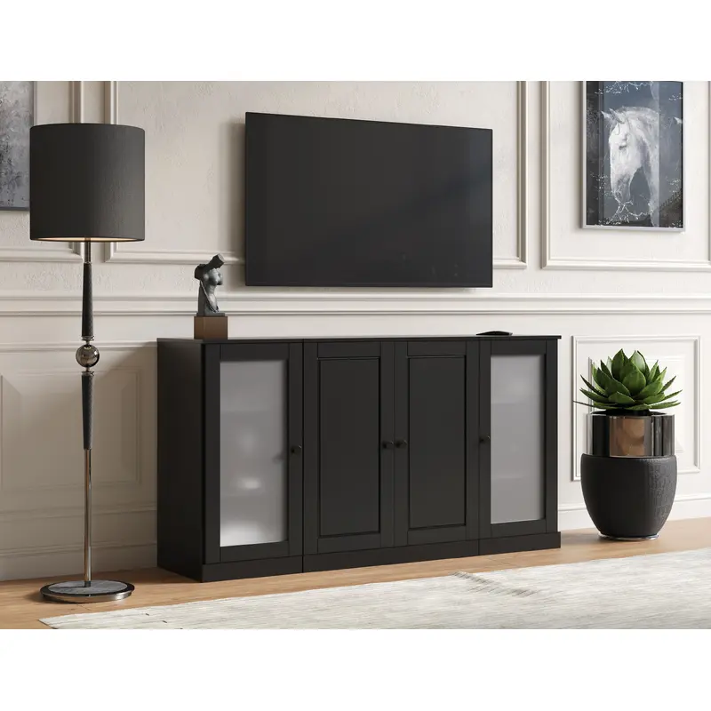 100% Solid Wood TV Stand for TVs up to 65" with Raised Panel Wood, Frosted Glass Doors, Adjustable Shelves