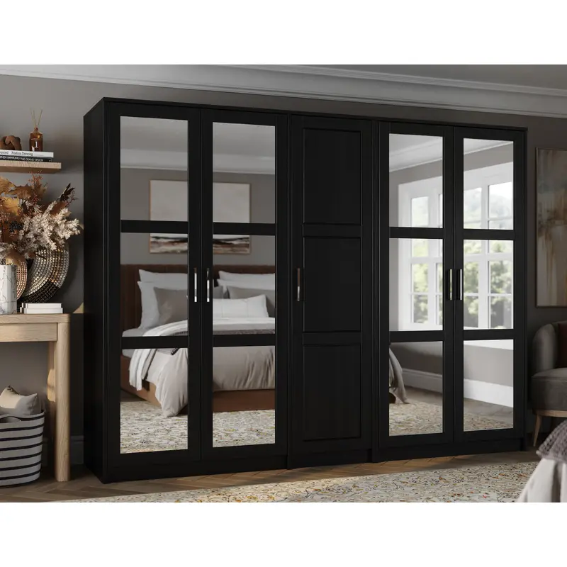 100% Solid Wood Urban 5-Door Wardrobe Armoire, Mirrored Doors
