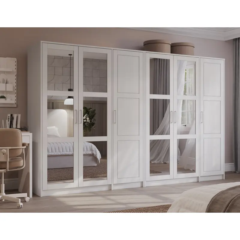 100% Solid Wood Urban 6-Door Wardrobe Closet with Mirrored Doors