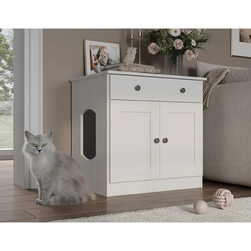 100% Solid Wood Ziva 2-Door Cat Litter Box Enclosure