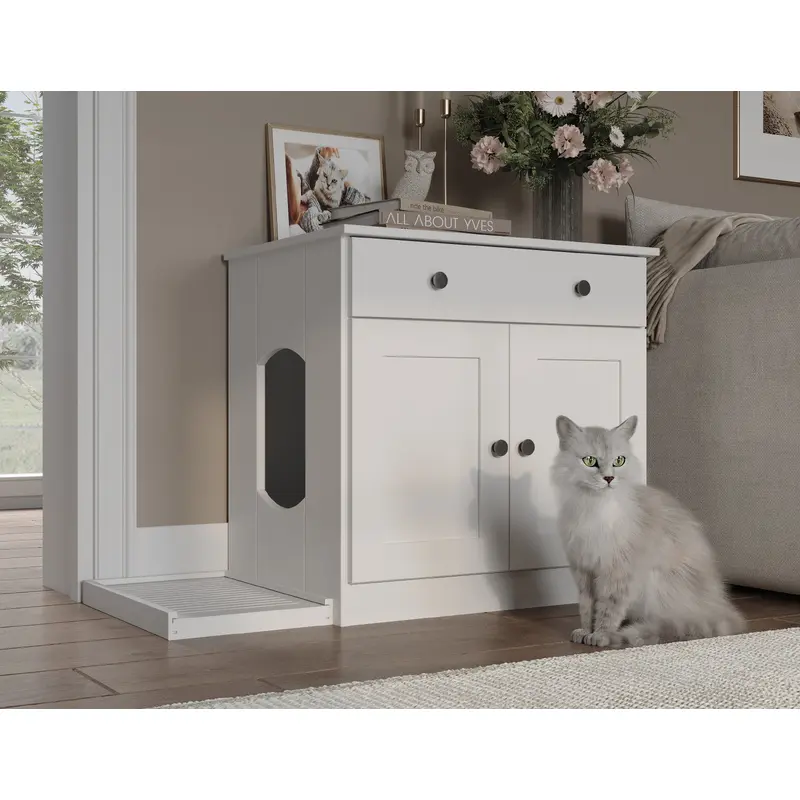 100% Solid Wood Ziva 2-Door Cat Litter Box Enclosure with Litter Catch