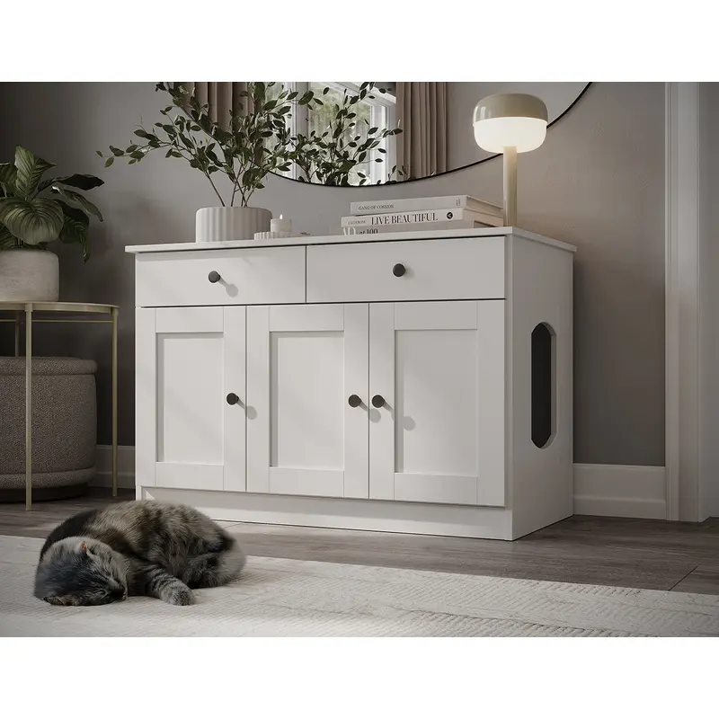 100% Solid Wood Ziva 3-Door Cat Litter Box Enclosure