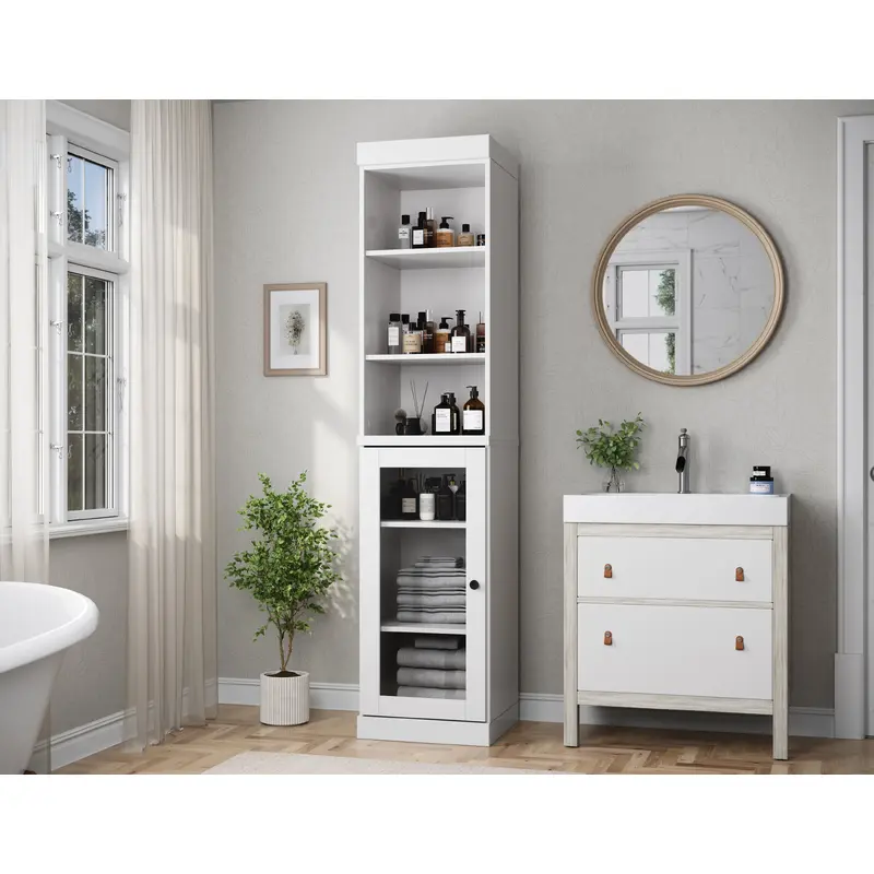 100% Solid Wood 16.5" Tall Bathroom Storage Cabinet, Clear Glass Door, Adjustable Shelves