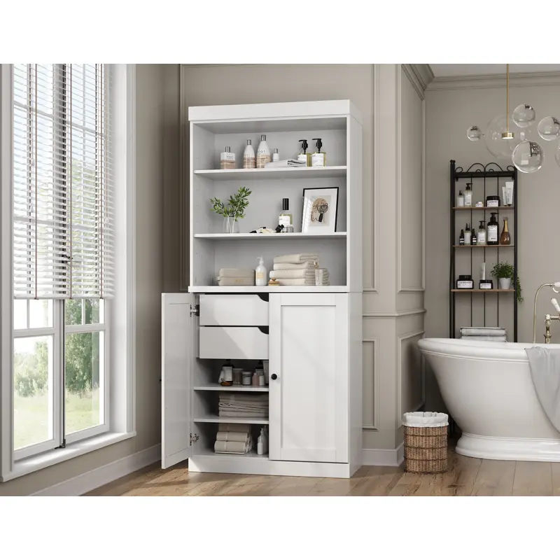 100% Solid Wood 32" Bathroom Cabinet with Shelves, Shaker Wood Doors, 2-Drawers