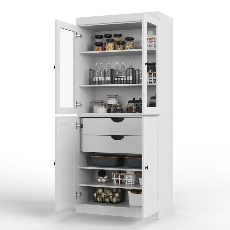 100% Solid Wood 32" Pantry Cabinet, 2 Clear Glass, 2 Shaker Doors, 2-Drawers