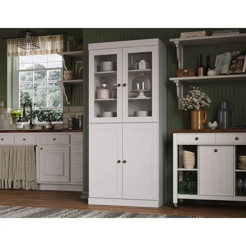 100% Solid Wood 32" Pantry Cabinet, 2 Clear Glass, 2 Shaker Wood Doors