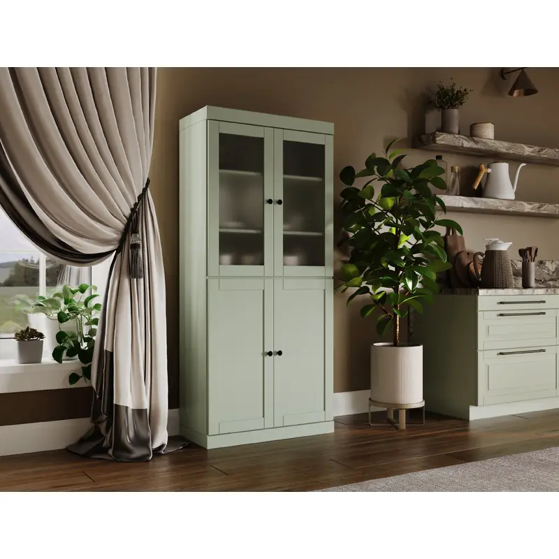 100% Solid Wood 32" Pantry Cabinet, 2 Frosted Glass & 2 Shaker Wood Doors