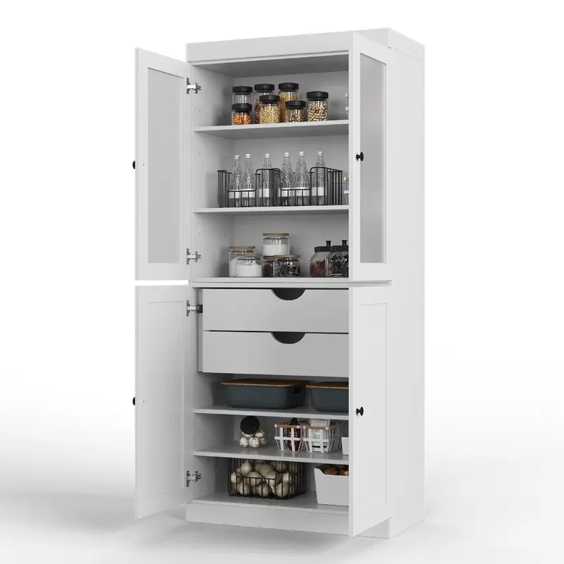 100% Solid Wood 32" Pantry Cabinet, 2 Frosted Glass, 2 Shaker Wood Doors, 2-Drawers