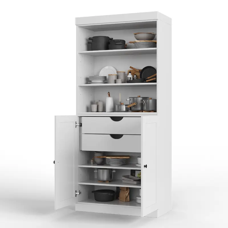 100% Solid Wood 32" Pantry Cabinet, 2 Shaker Wood Bottom Doors, 2 Drawers