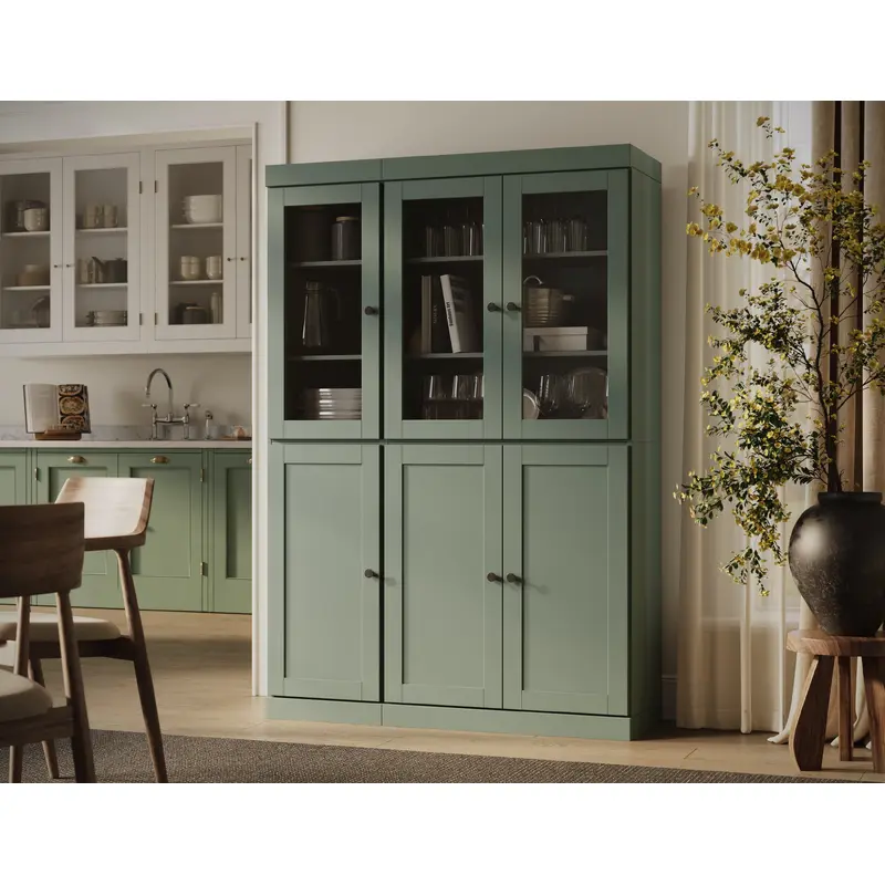 100% Solid Wood 48.5" China Pantry Cabinet, 3 Glass Doors, 3 Shaker Doors