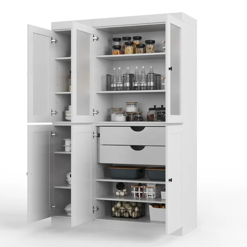 100% Solid Wood 48.5" Pantry Cabinet, Frosted Glass & Shaker Doors, 2-Drawers