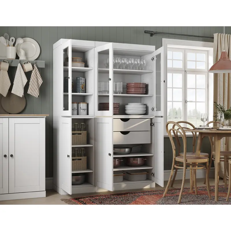 100% Solid Wood 48.5" Pantry China Cabinet, 3 Glass Doors, 3 Shaker Doors, 2-Drawers