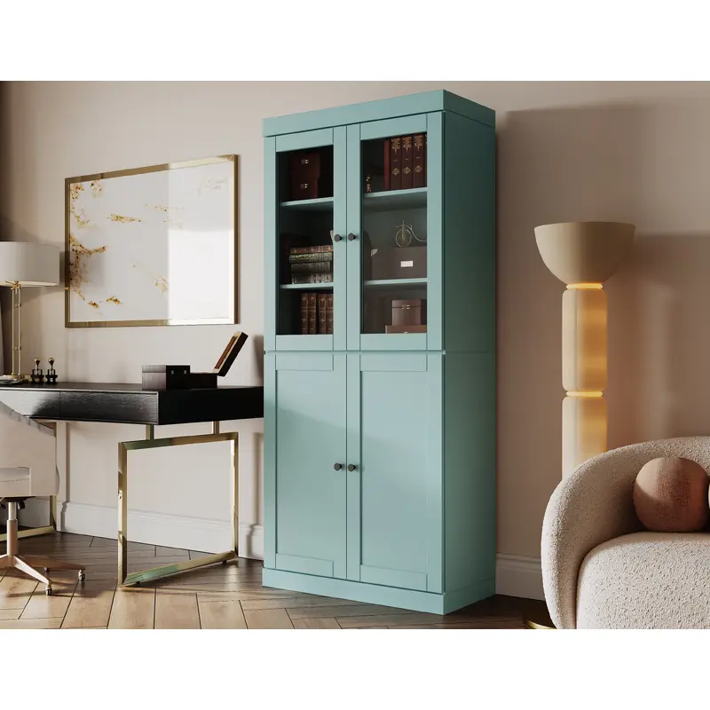 100% Solid Wood 6-Shelf 32" Bookcase, 2 Glass Doors, 2 Shaker Wood Doors, Adjustable Shelves