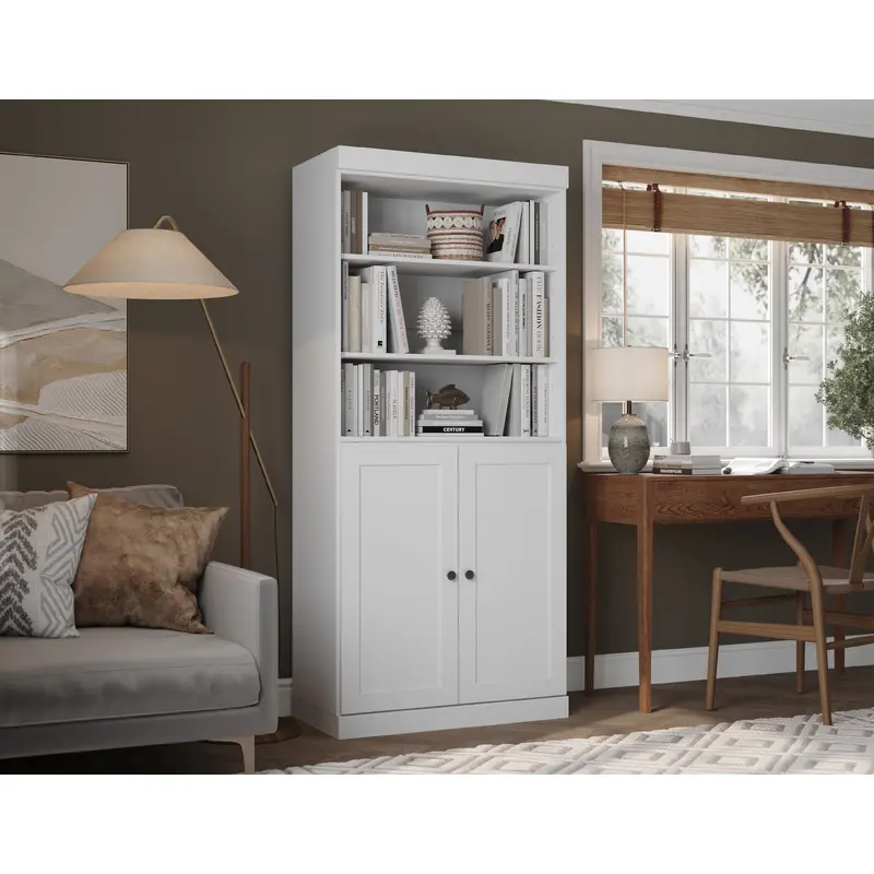 100% Solid Wood 6-Shelf 32" Bookcase Cabinet, 2 Solid Shaker Wood Doors, Adjustable Shelves